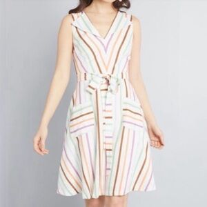 ModCloth Looking Back Rainbow Stripe Sleeveless V-Neck Lined Linen Dress – Small